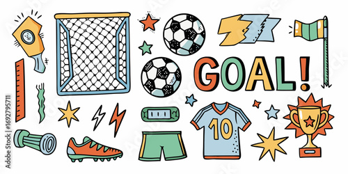 Collection of hand drawn soccer elements including a goal balls jersey shorts cleats trophy and the word goal
