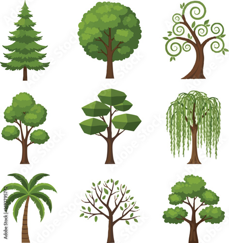 Create kinds of 9 Set of vector Green trees on white Background
