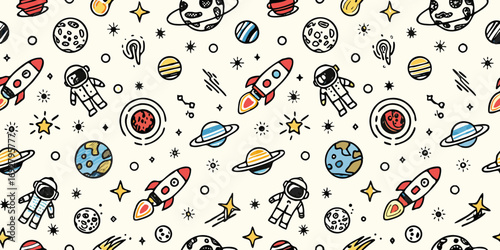 Cute hand drawn space pattern with astronauts rockets planets and stars on a cream background