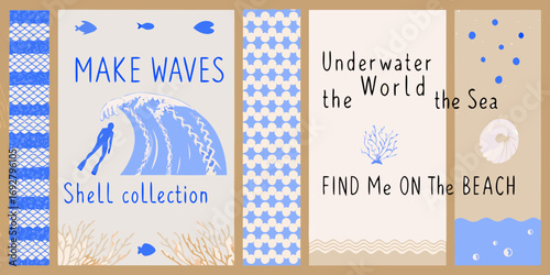 Ocean themed illustrations with text messages about waves shells underwater world and beach finds
