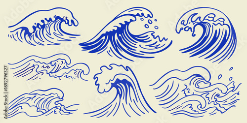 Collection of blue hand drawn ocean waves in a simple stylized design on a cream background