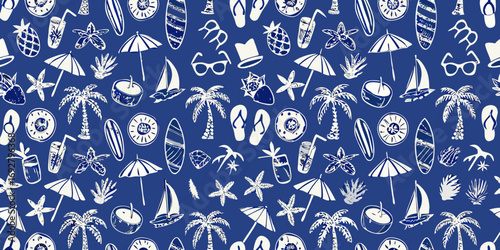 Whimsical hand drawn summer beach vacation icons pattern on dark blue background