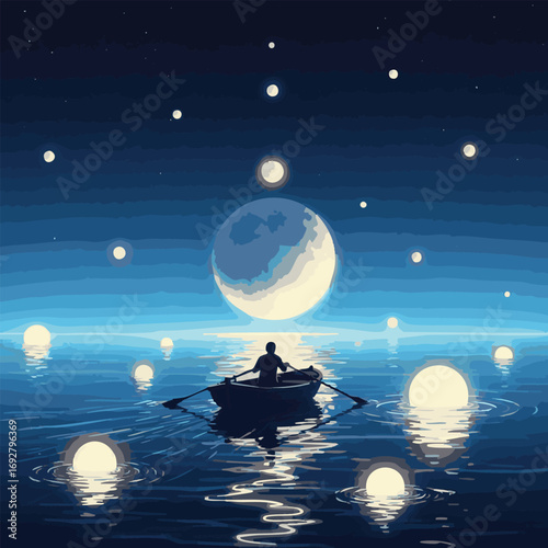  create need night scenery of a man rowing a boat among many glowing moons floating on the sea, digital art style, illustration painting, 