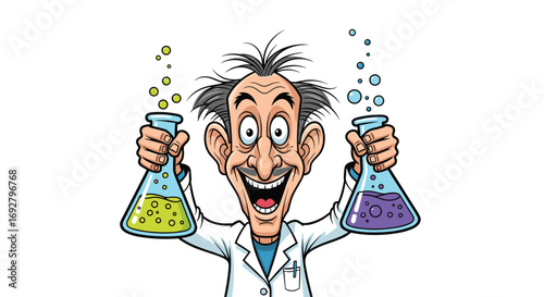 Excited mad scientist holding two beakers with bubbling liquids