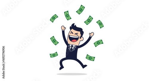 Successful business person jubilantly celebrating financial success raining money