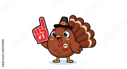 Happy cartoon turkey wearing a pilgrim hat and foam finger signaling number one