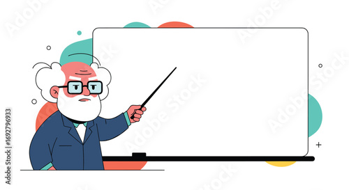 Elderly professor teaching with pointer and whiteboard background