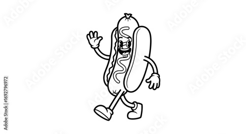 Funny cartoon hot dog character waving hello while walking