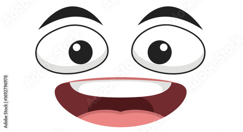 Excited cartoon face expression with big eyes and wide open mouth