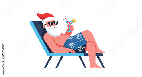 Relaxing santa claus enjoying a tropical vacation and a cocktail