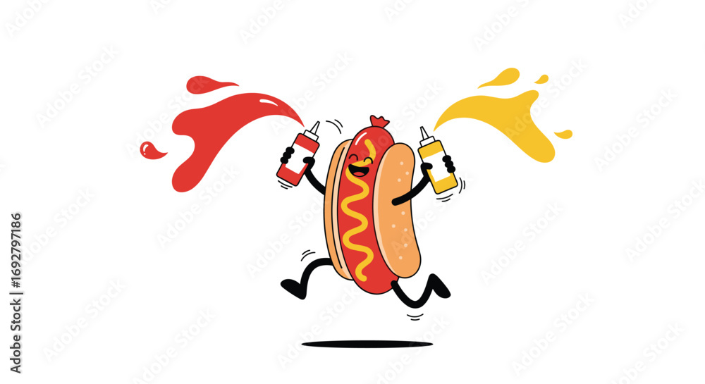 Fototapeta premium Joyful running hot dog with ketchup and mustard splash fun party