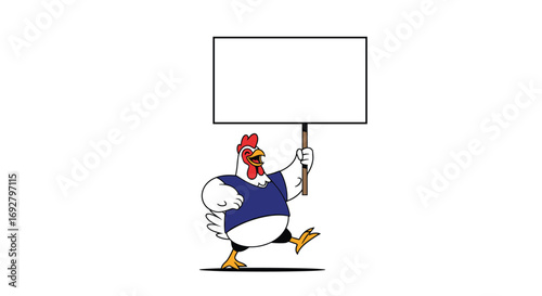 A cartoon chicken holds a blank sign while marching