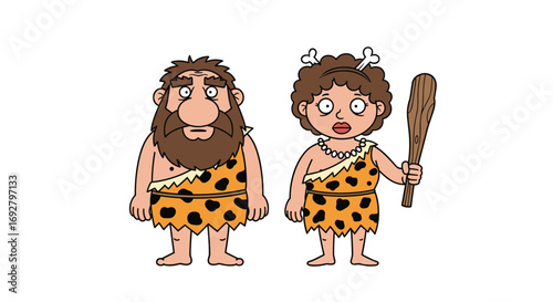 A primitive couple from the stone age holding their tools for survival