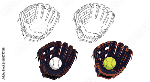 Baseball and softball gloves ready for action on the field