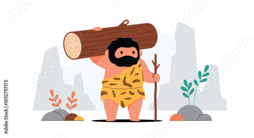 Ancient human carrying large tree trunk in primitive landscape illustration