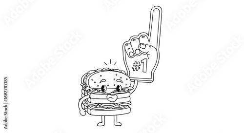 A cheerful burger character holding a foam finger victory celebration illustration