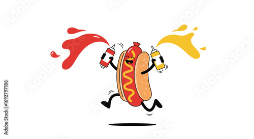 Joyful running hot dog with ketchup and mustard splash fun party
