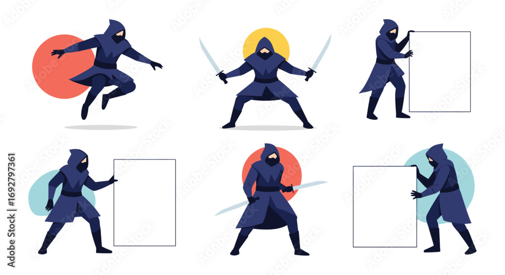 Fototapeta premium Collection of dynamic ninja warrior poses and action scenes