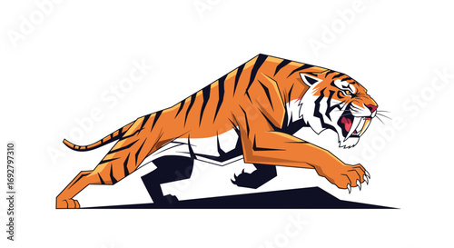Aggressive orange tiger in full stride capturing prey with fierce determination