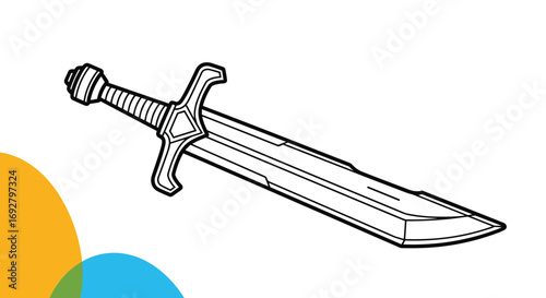 An artistic representation of a medieval sword design with intricate hilt detail