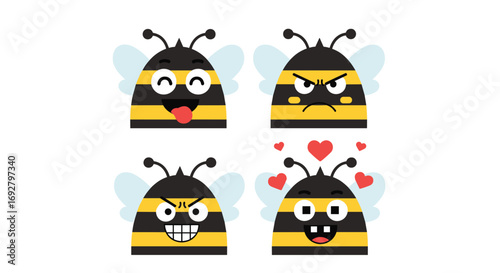 Cute bee faces showing various emotions with love hearts and excitement