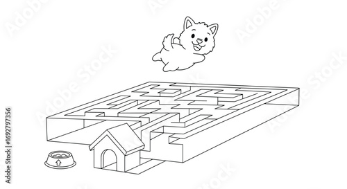 Adorable hamster leaps over a complex maze towards a tiny house and food bowl