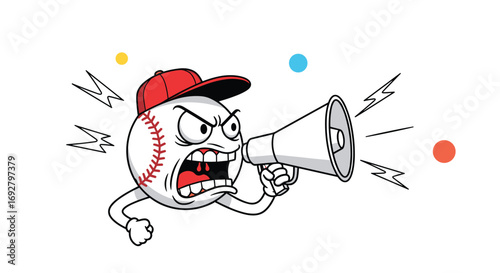 Animated baseball character shouting through megaphone with angry face and lightning bolts illustration
