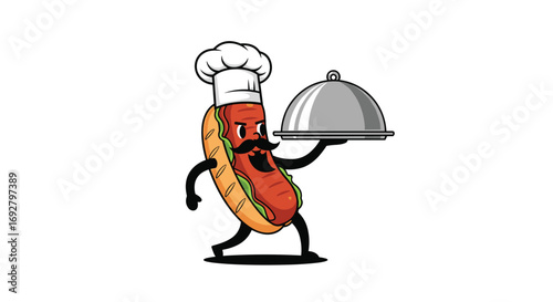 Pixel art chef hot dog character serving food