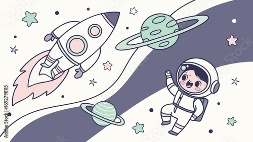 Cute astronaut rocket planets stars space