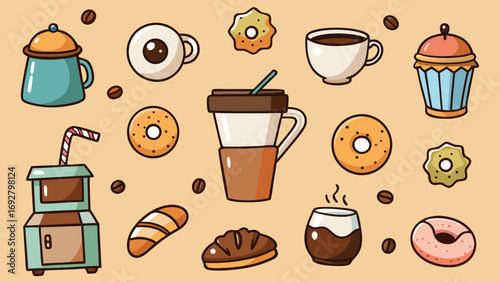Coffee and pastries assortment mugs donuts