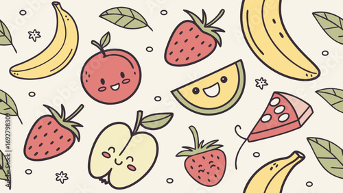 Happy cartoon fruits pattern apple strawberry