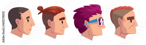 Man Head Side View with Different Hairstyle Vector Set