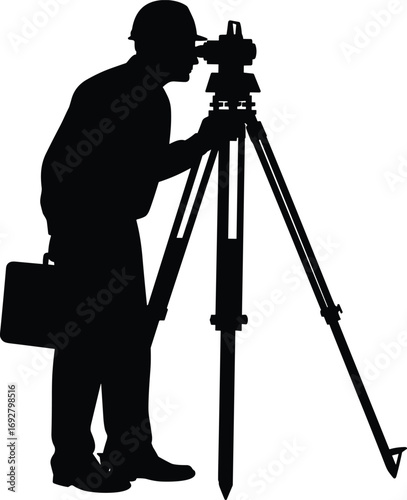 Silhouette of construction surveyor using theodolite instrument on tripod with briefcase for precise land measurement and site inspection vector