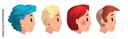 Woman Head Side View with Different Hairstyle Vector Set