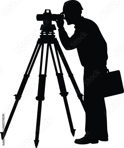 Silhouette of construction surveyor using theodolite instrument on tripod for precise land measurement and site inspection in engineering vector