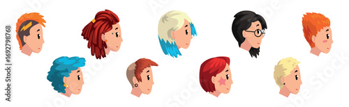 Woman Head Side View with Different Hairstyle Vector Set