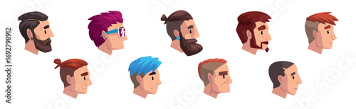 Man Head Side View with Different Hairstyle Vector Set