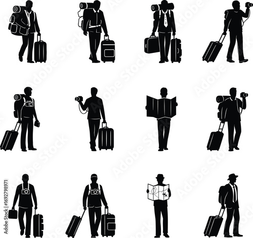 Silhouette vector illustration of travelers with backpacks, luggage, maps, and cameras, journey, tourism, airport, vacation, global travel icons.