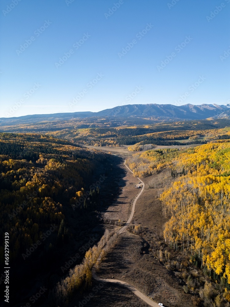 Obraz premium Aerial autumn landscape with winding road and mountains.