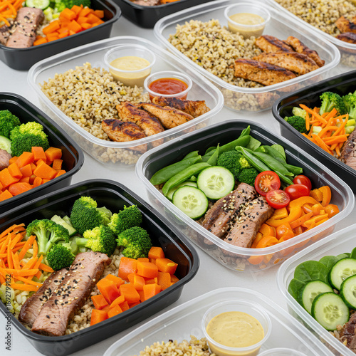 Prepared healthy meal portion control containers, containing balanced food choices, look fresh and appetizing, expressing healthy eating habits and convenience