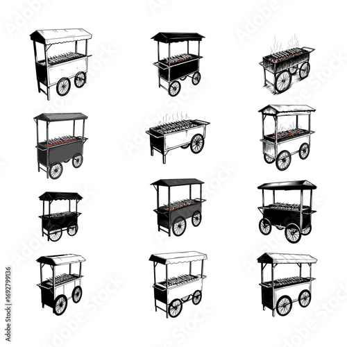 Street Food Grill Cart - Barbecue & Kebab Vendor Illustration Set