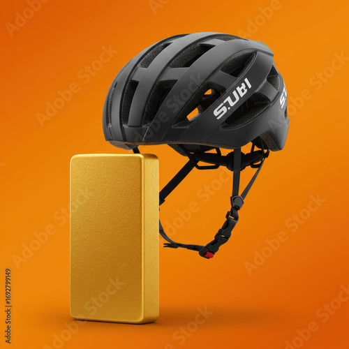 Cycling helmet and energy bar are neatly placed against vibrant backdrop, radiating energy and preparation for ride ahead
