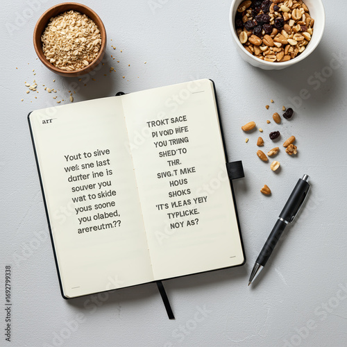 Open journal with motivational message alongside pen, breakfast cereal and nuts, conveys feeling of inspiration and fresh start