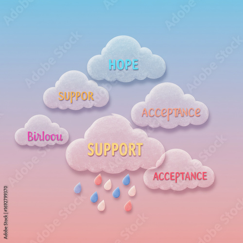Infographic with cloud shapes delivers positive message, evoking feelings of hope and acceptance, offering support and kindness