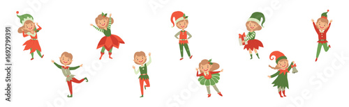 Boy and Girl Elf and Santa Claus Helper Vector Set