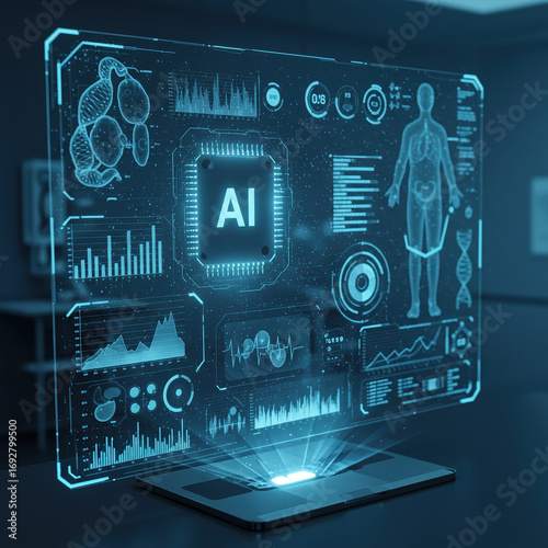 Holographic display of human anatomy and data analytics presented in cutting edge medical style, making viewer feel amazed by innovation