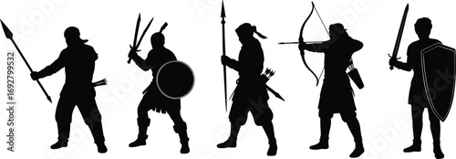 Silhouettes of Medieval Warriors with Spears, Bows, Swords, and Shields in Combat Ready Poses for Historical and Fantasy Themes