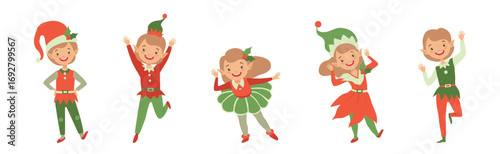 Boy and Girl Elf and Santa Claus Helper Vector Set