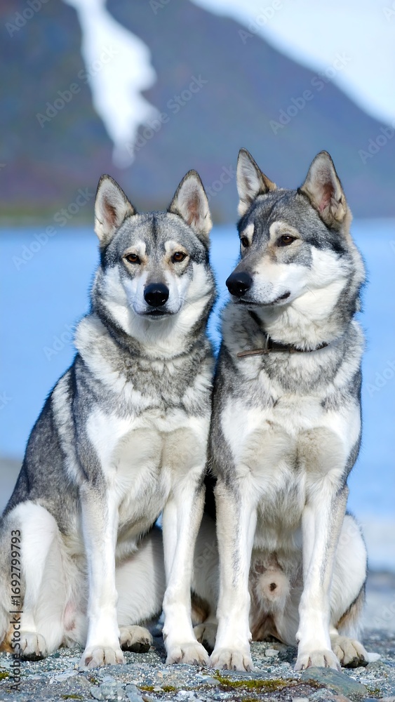 Fototapeta premium Two dogs sitting outdoors