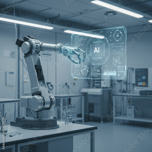 Robotic arm working with AI interface displays data, appearing clean and efficient. future is here as technology advances in mode gigapixel